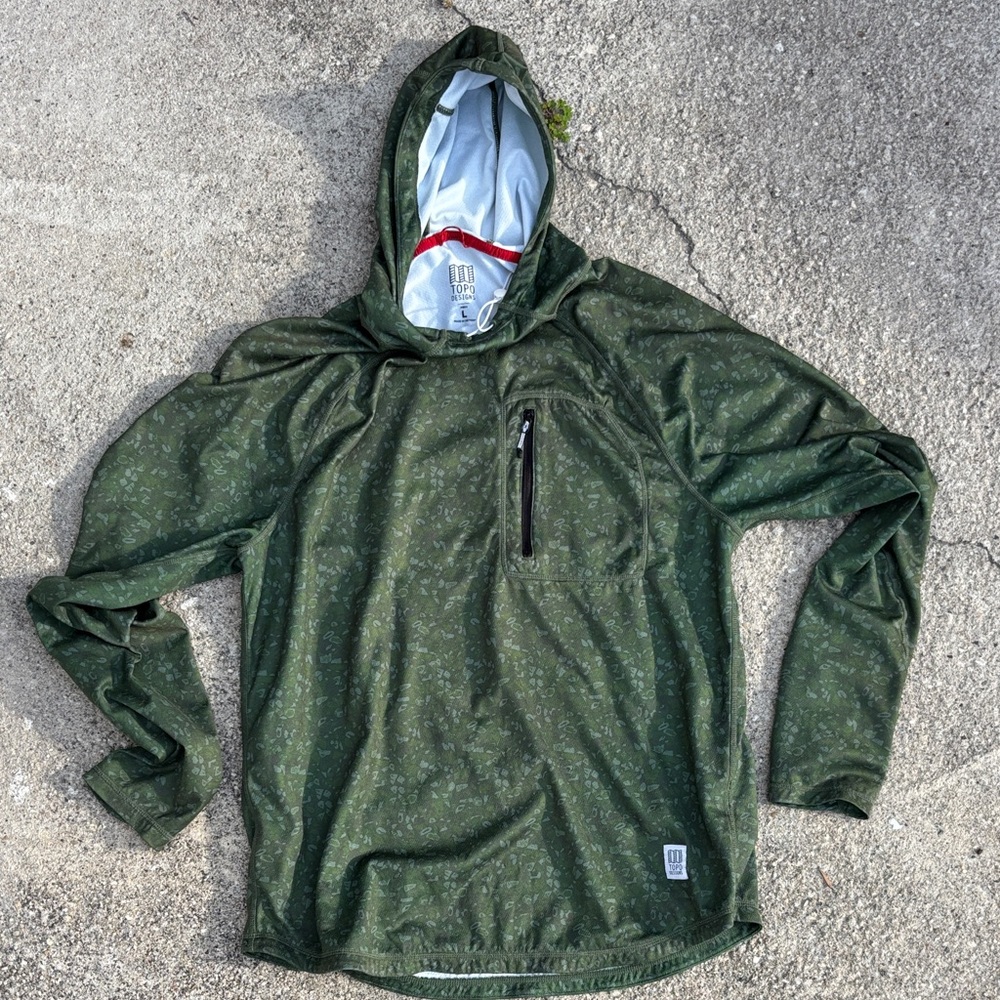 TOPO DESIGNS River Hoodie - Large - Olive Terrazzo (Green pattern)